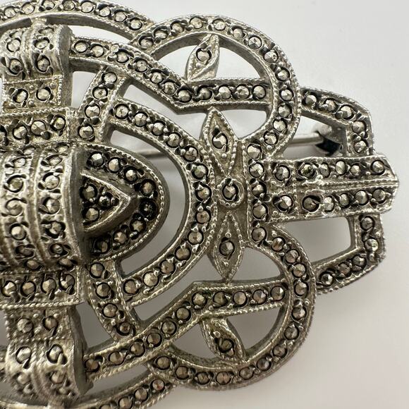 Antique Art Deco 1920s 1930s sterling silver genuine marcasite pin brooch - Picture 5 of 10